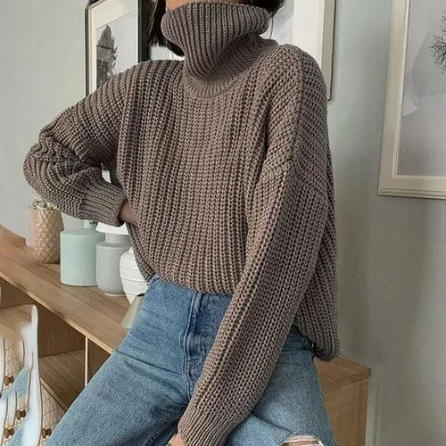 Khaki Women Sweater Turtleneck Long Sleeve Knitted Pullover