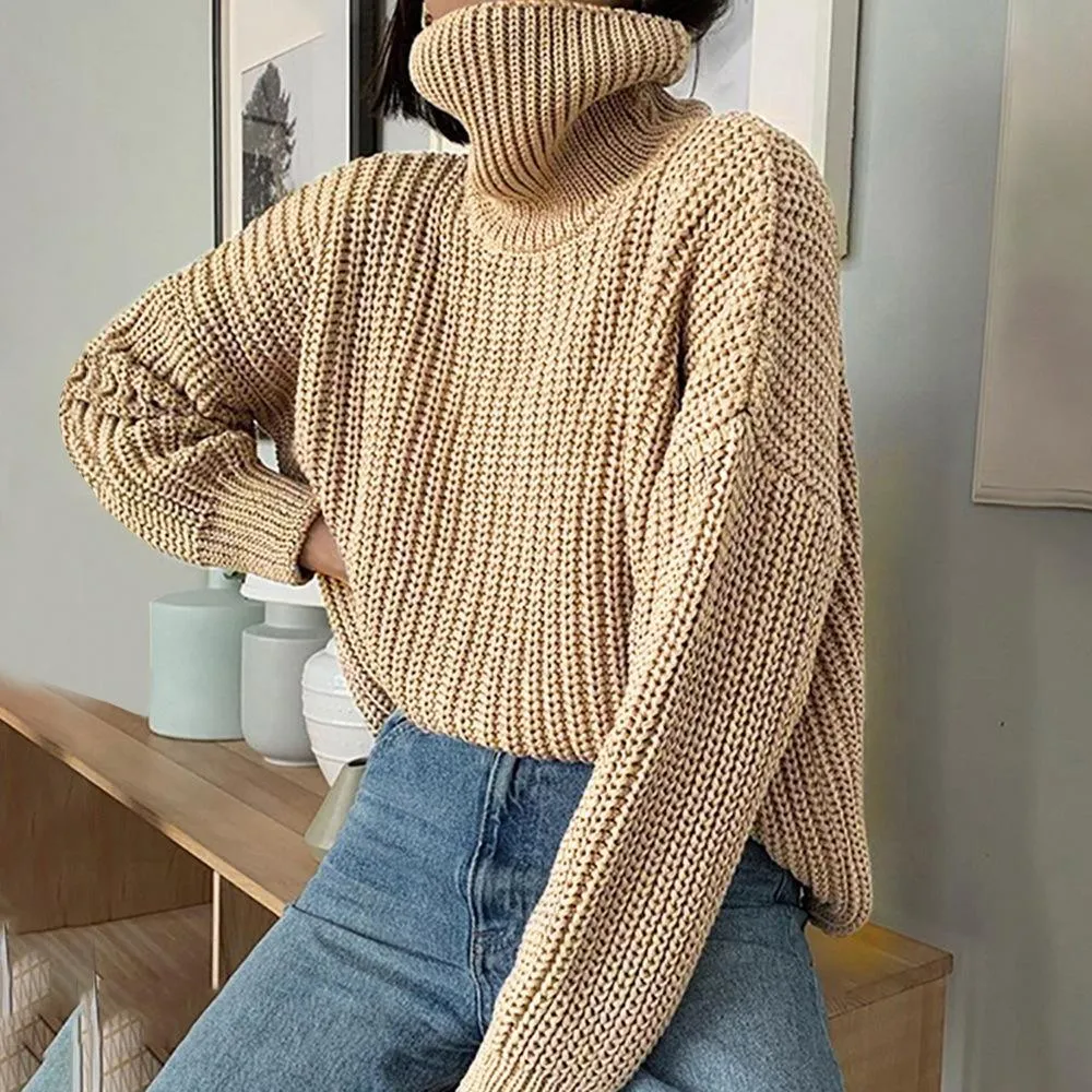 Khaki Women Sweater Turtleneck Long Sleeve Knitted Pullover