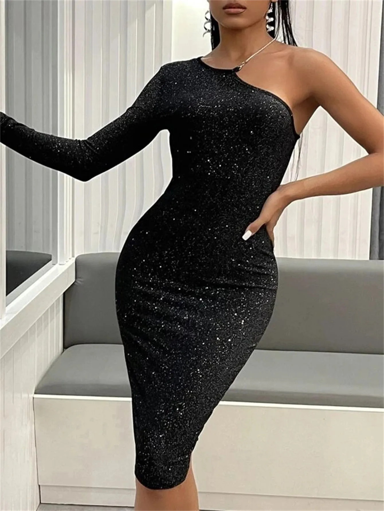 KittenAlarm - One Shoulder Glitter Bodycon Dress