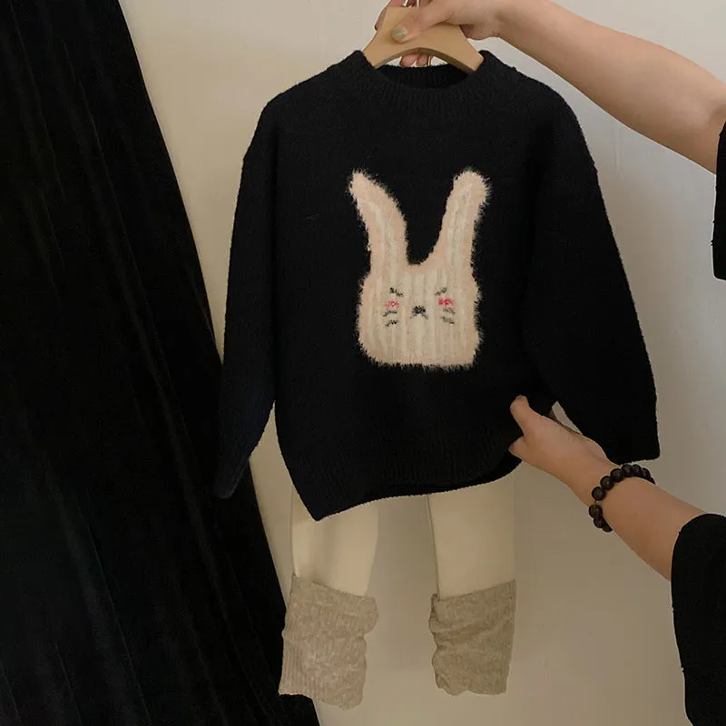 Korean version of girls 2023 autumn and winter lazy wind rabbit cartoon knitted sweater versatile foreign leggings sweet suit