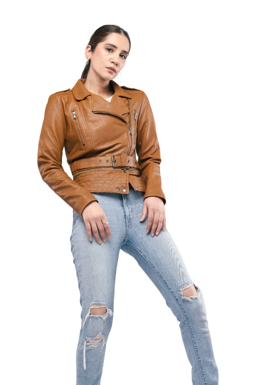 Ladies Stylish Fashion Designer Brown Leather Jacket with Adjustable Belt - ELF40