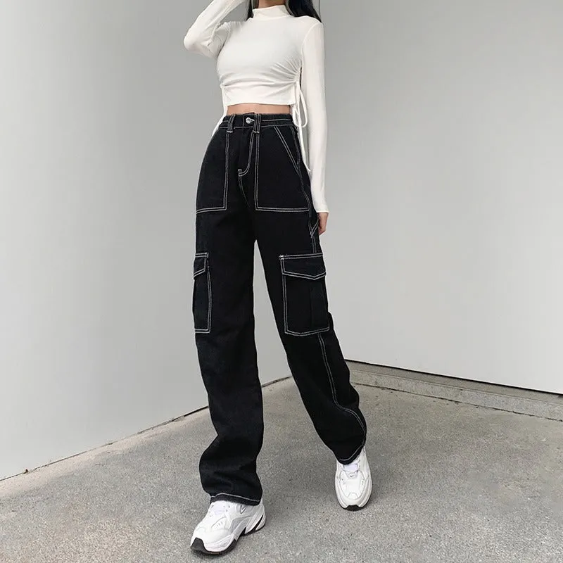 Lanfubeisi black sweater dress outfit High Waist Super Slimming Bright Line Air Jeans Women's Loose Street Casual Style Wide Leg Overalls Fashion