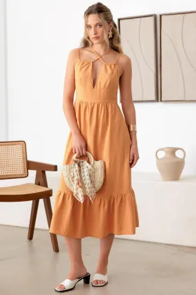 Linen Double Spaghetti Tiered Midi Dress