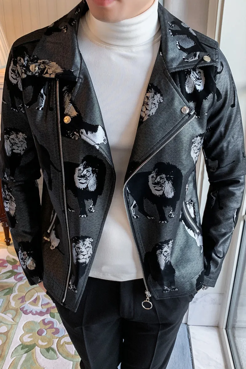 Lion Pattern Print with Zipper Lapel Men Faux Leather Jacket