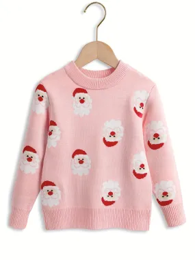 Little Girl Cartoon Santa Jacquard Knitted Pullover Cute Sweater For Fall Winter