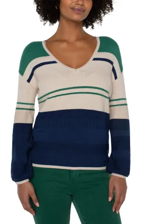 Liverpool V Neck Blouson Sweater w/Colorblocking (Emerald Blue Combo)