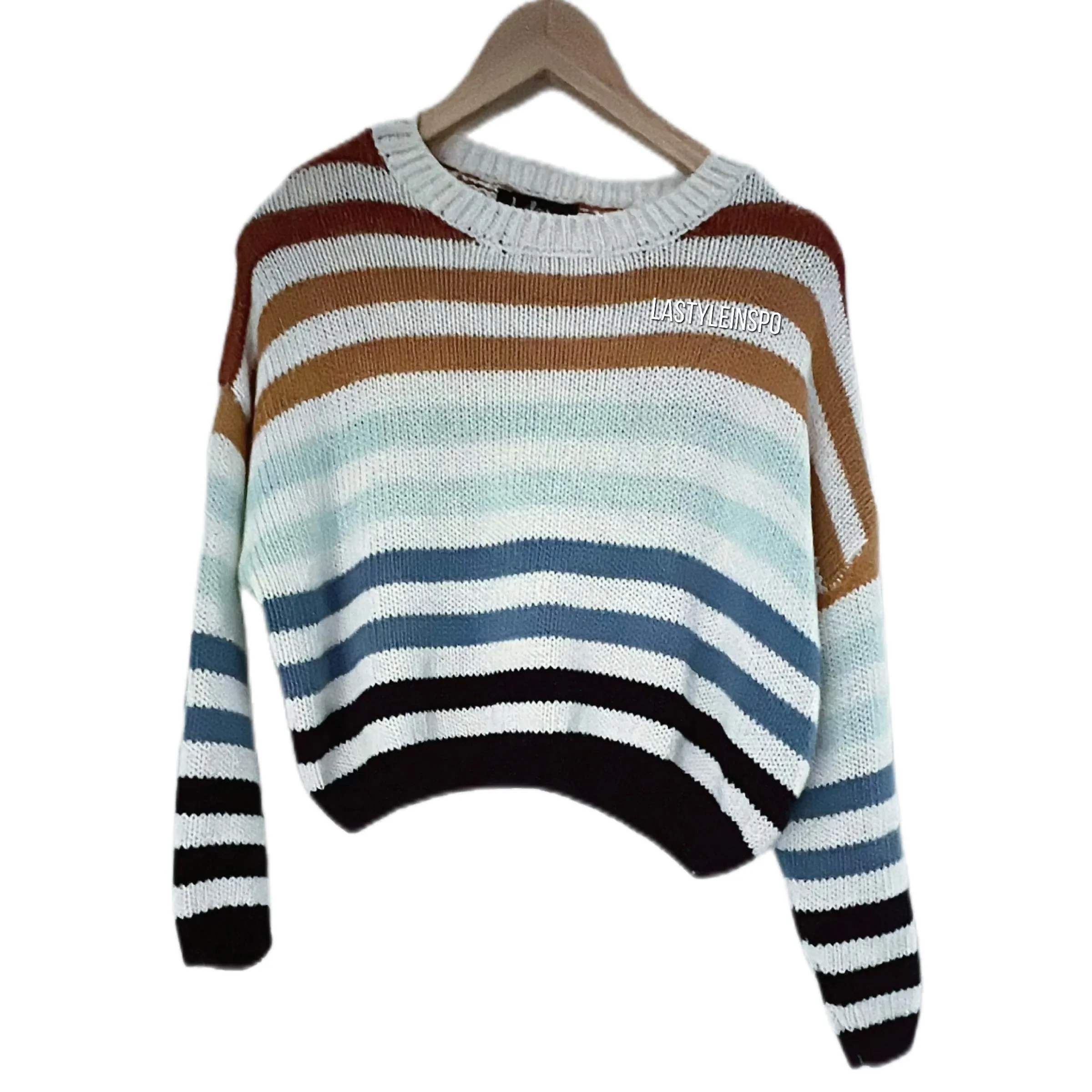 Lulus Semi Cropped Sweater Striped White Blue Small