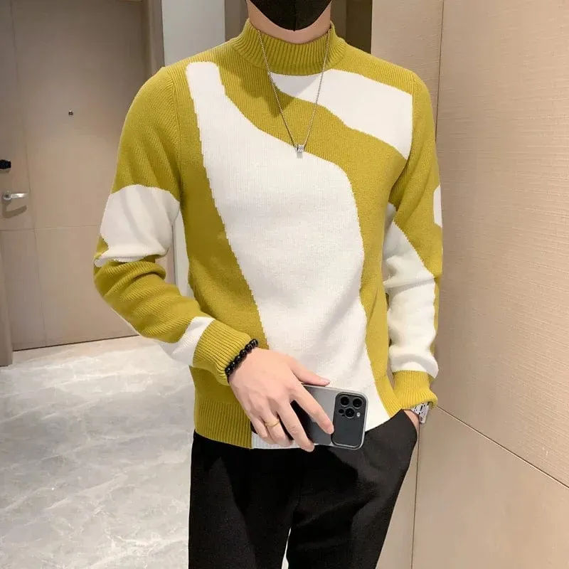 Luxury Half Turtleneck Men's Pattern Sweater Long Sleeve Slim Fit Casual Pullover Knitwear