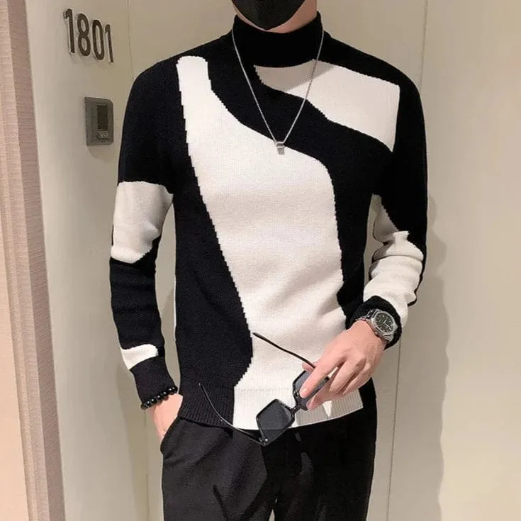 Luxury Half Turtleneck Men's Pattern Sweater Long Sleeve Slim Fit Casual Pullover Knitwear