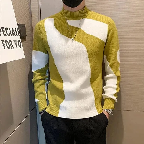 Luxury Half Turtleneck Men's Pattern Sweater Long Sleeve Slim Fit Casual Pullover Knitwear