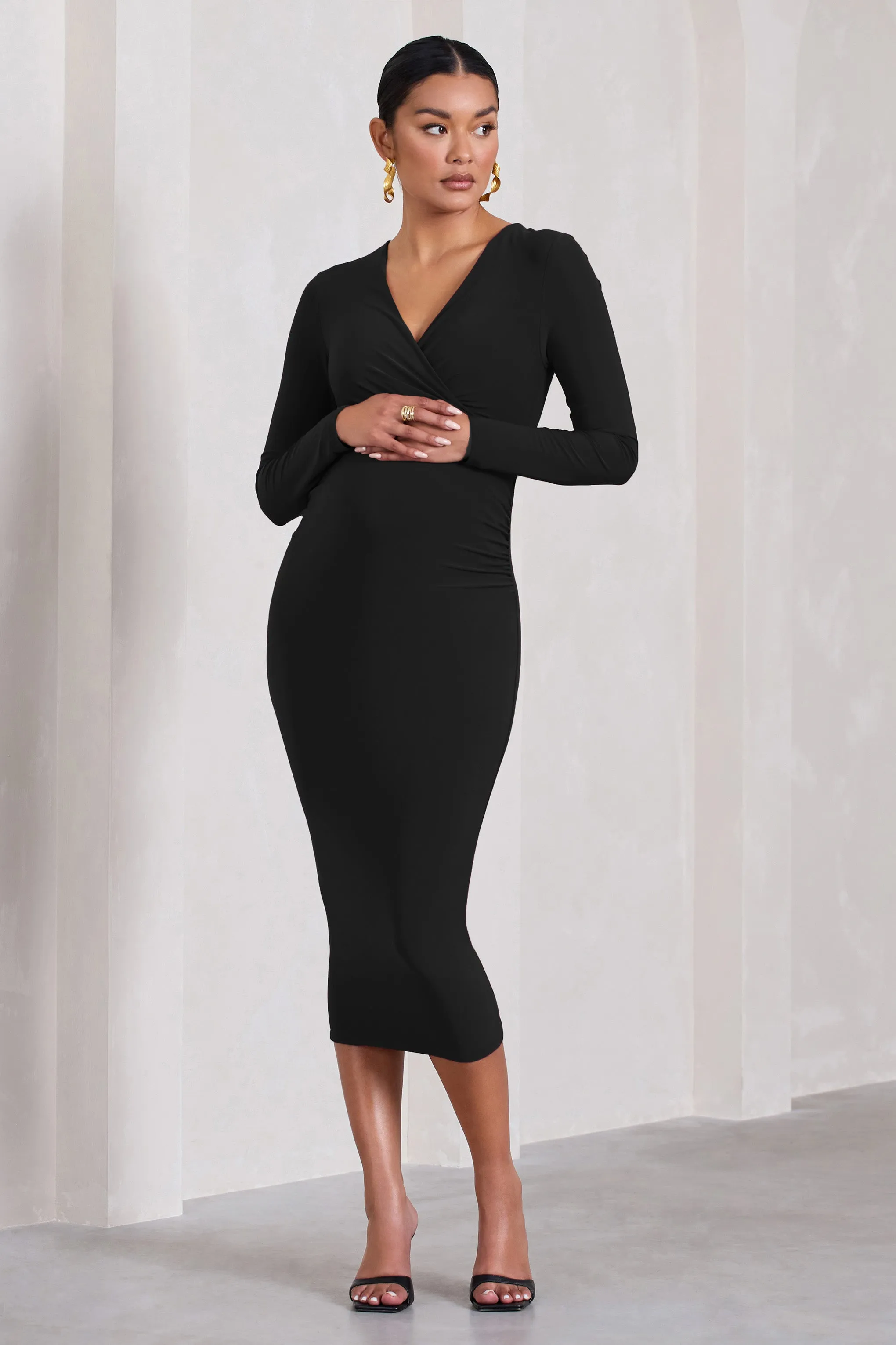 Marcia | Black Bodycon Plunge-Neck Maternity Midi Dress