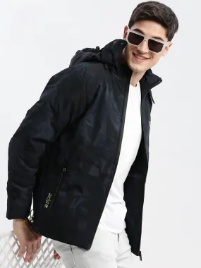 Men Abstract Mock Collar Navy Blue Puffer Jacket Comes with Detachable Hoodie