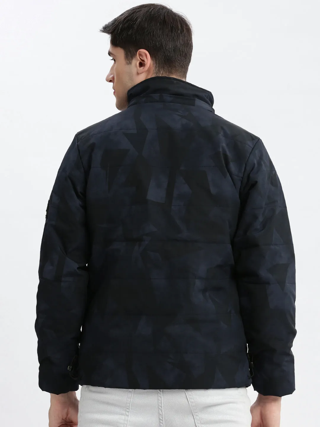 Men Abstract Mock Collar Navy Blue Puffer Jacket Comes with Detachable Hoodie