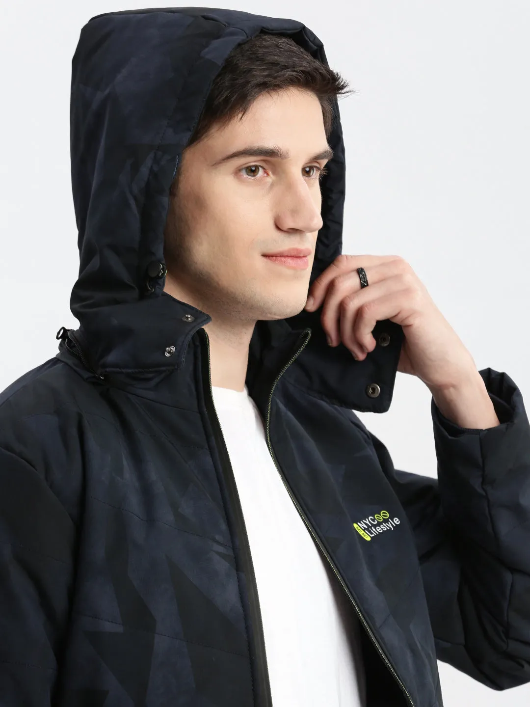 Men Abstract Mock Collar Navy Blue Puffer Jacket Comes with Detachable Hoodie