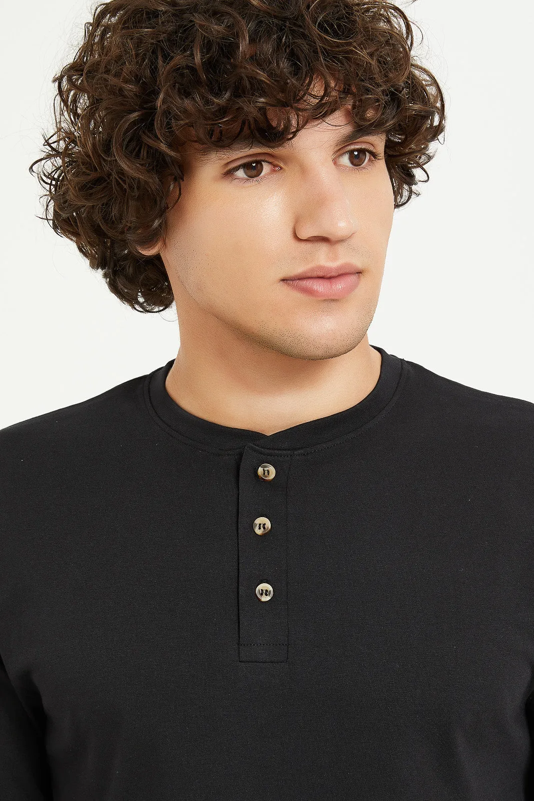 Men Black Long Sleeve Henley Shirt