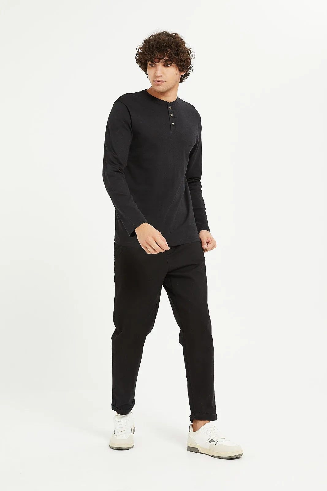 Men Black Long Sleeve Henley Shirt