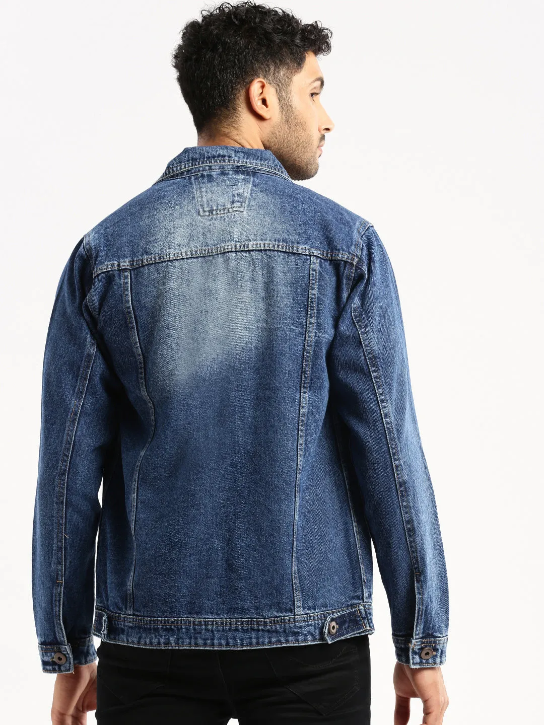 Men Blue Spread Collar Solid Denim Jacket