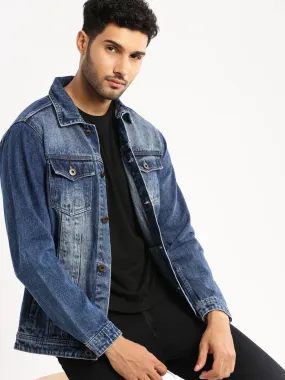 Men Blue Spread Collar Solid Denim Jacket