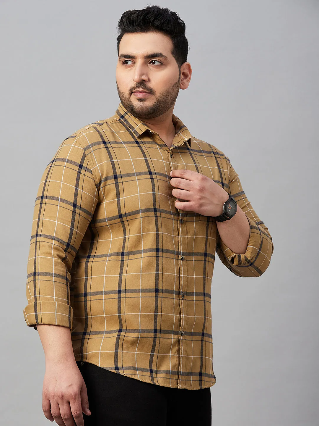 Men Checked Khaki Classic Shirt