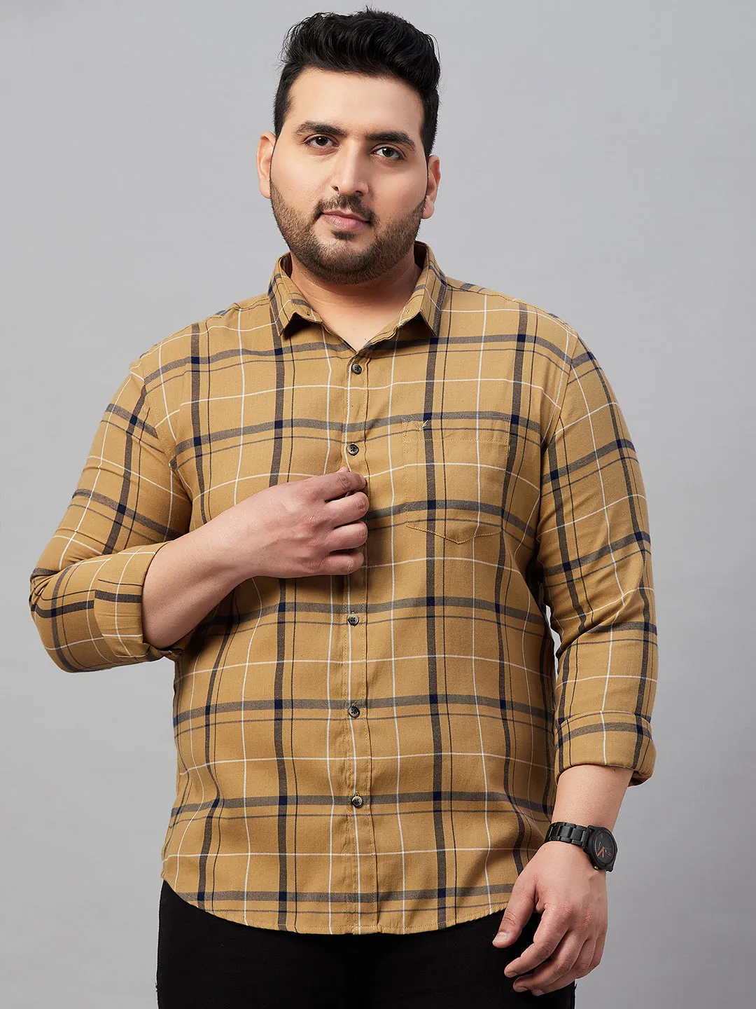 Men Checked Khaki Classic Shirt