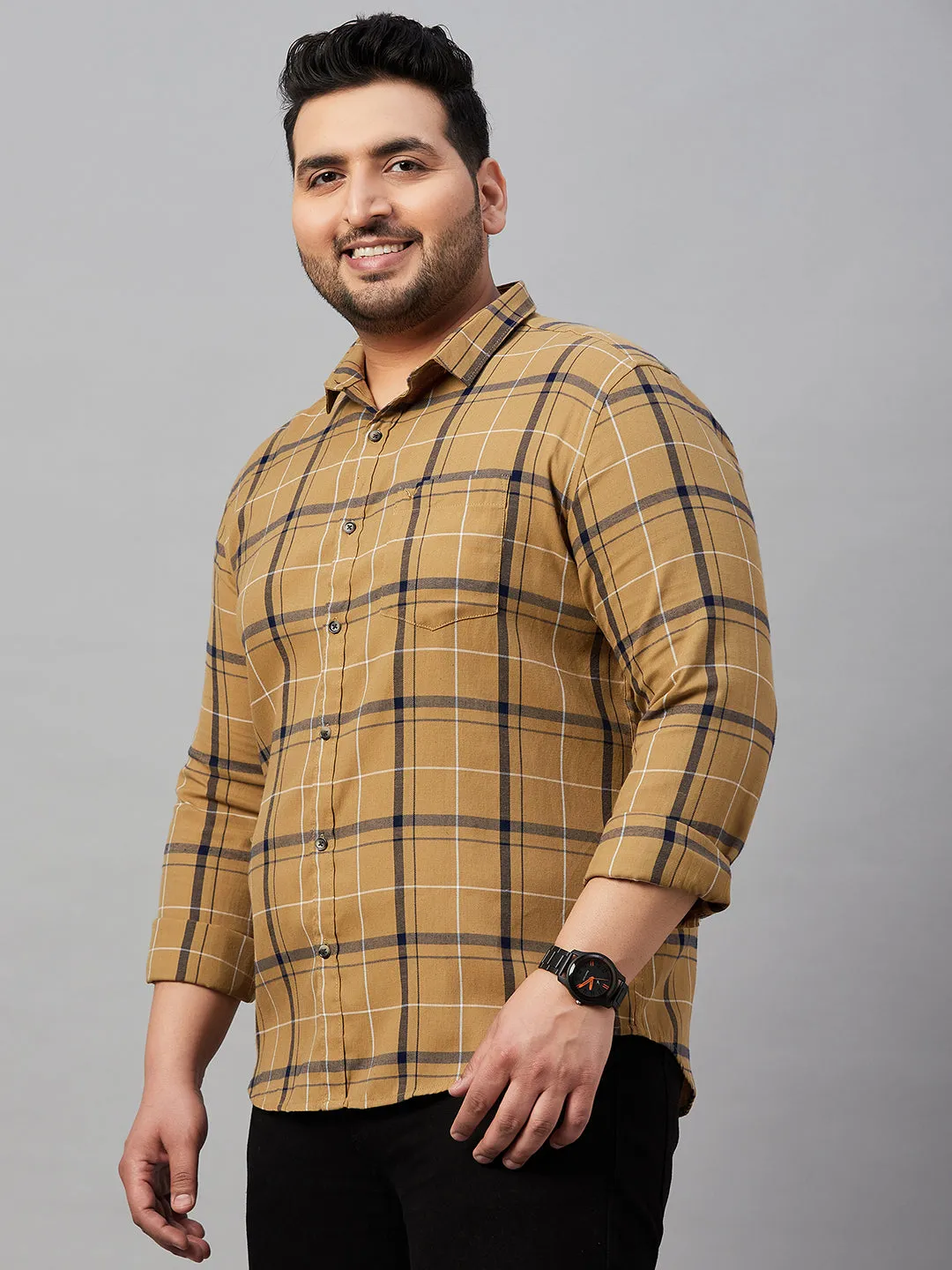 Men Checked Khaki Classic Shirt