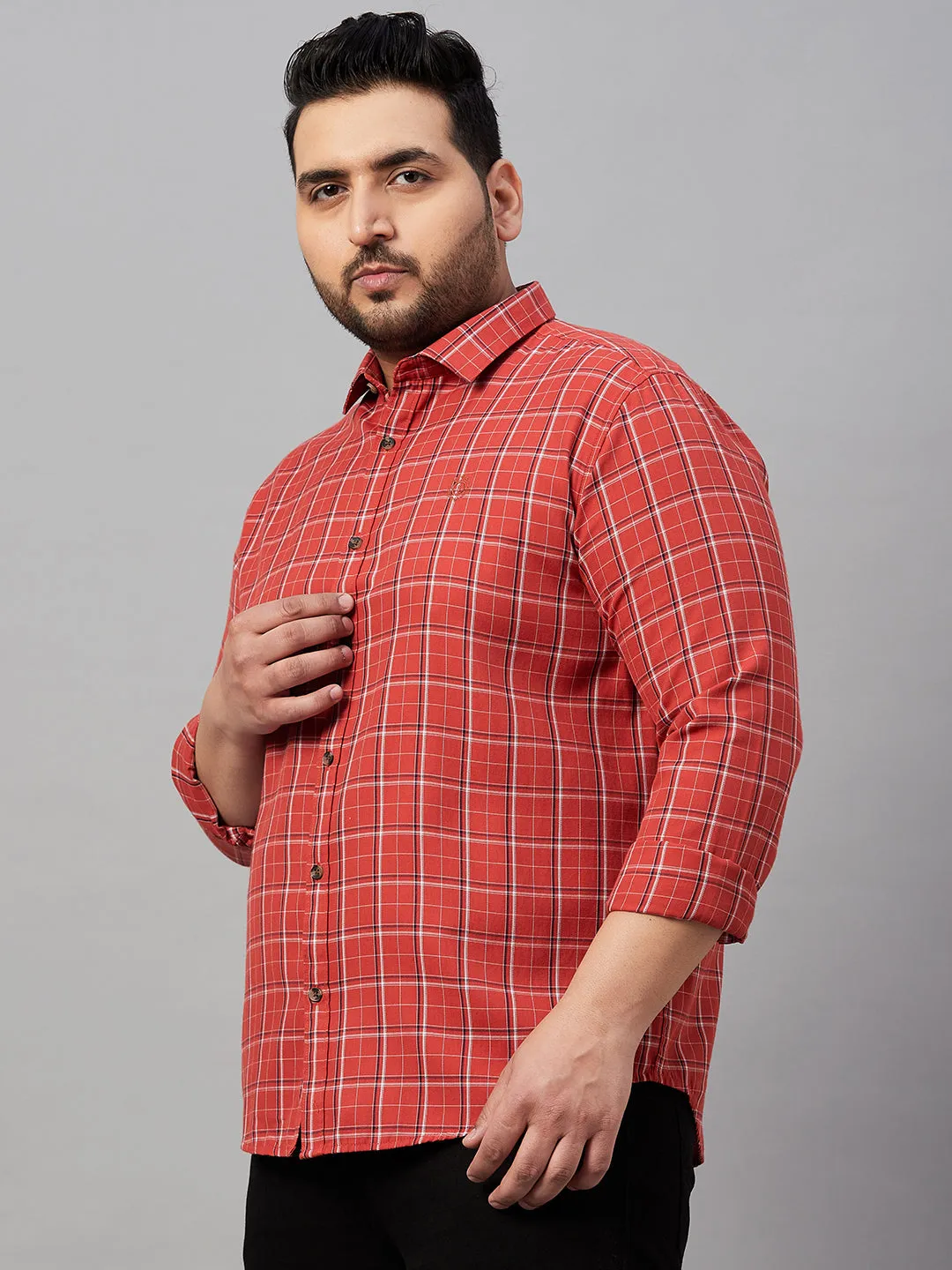 Men Checked Rust Shirt