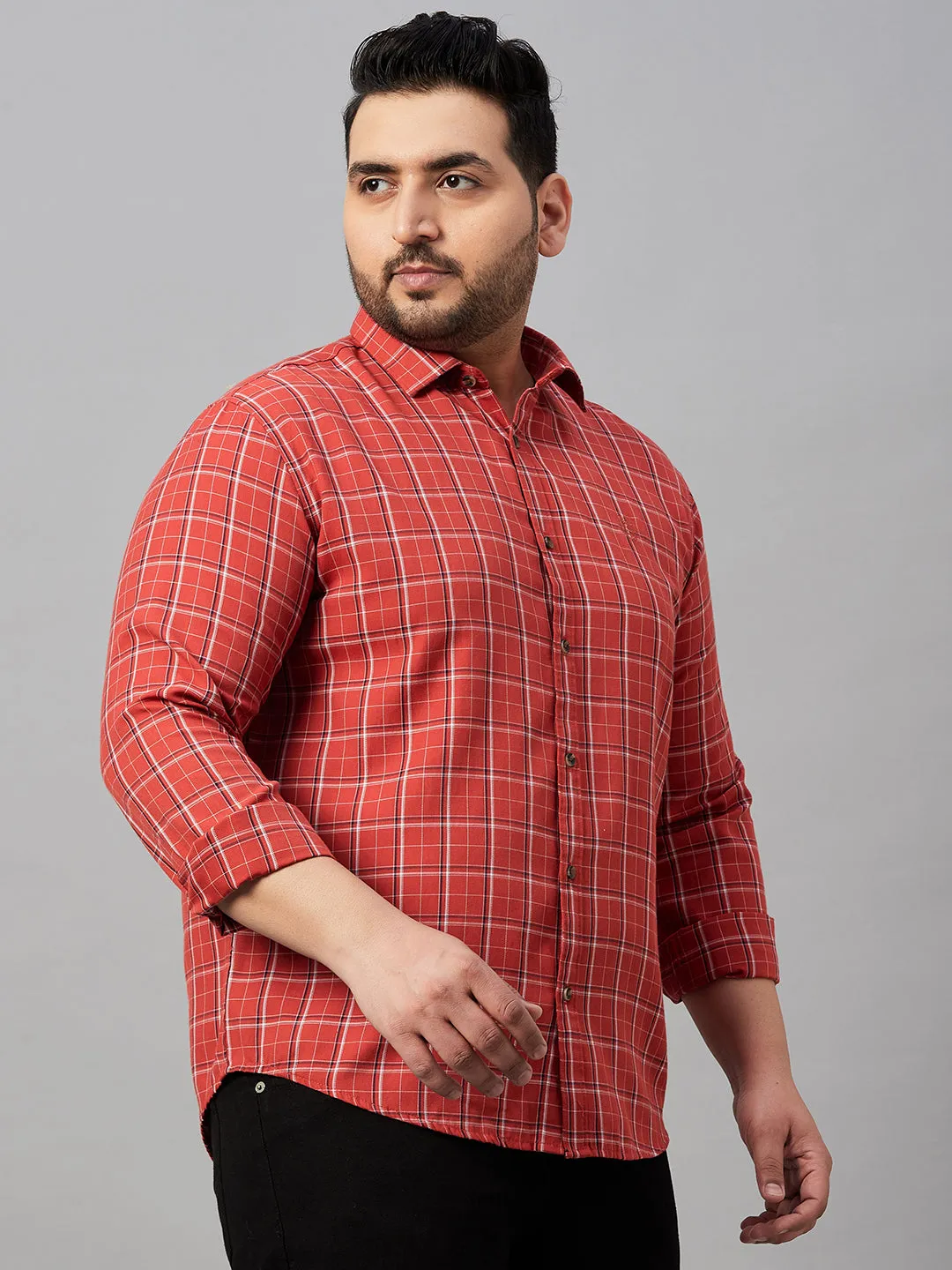 Men Checked Rust Shirt