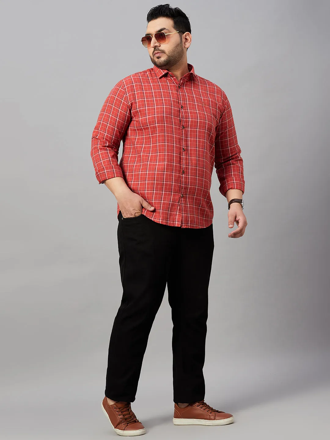 Men Checked Rust Shirt