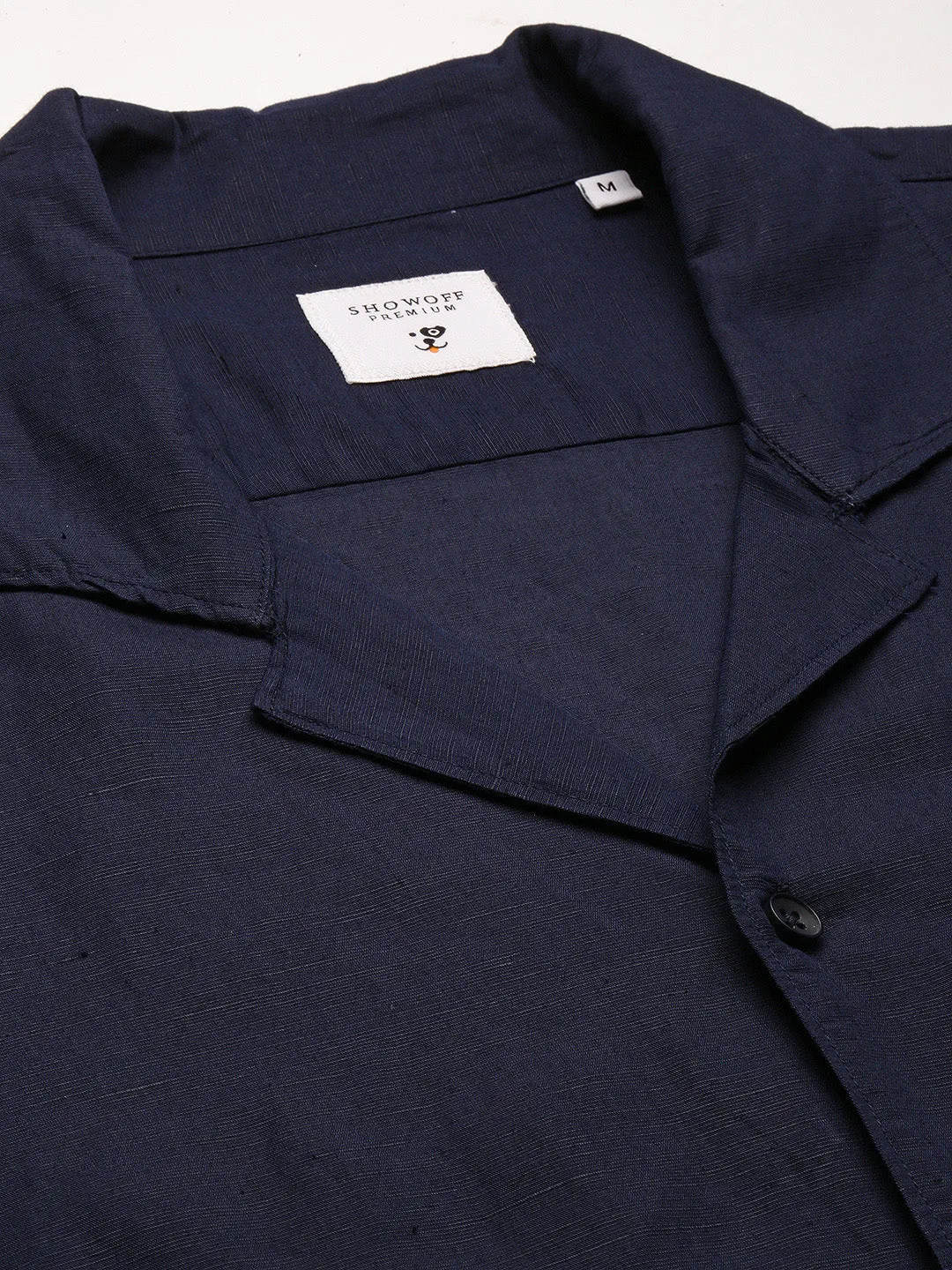 Men Cuban Collar Solid Navy Blue Casual Shirt