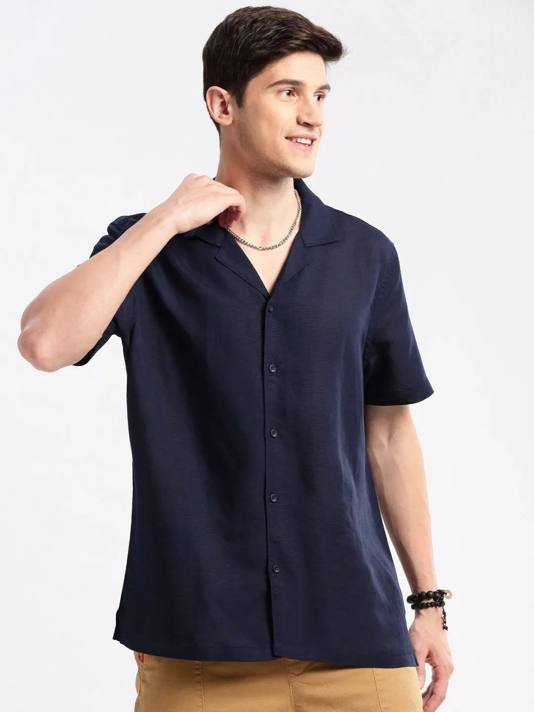 Men Cuban Collar Solid Navy Blue Casual Shirt