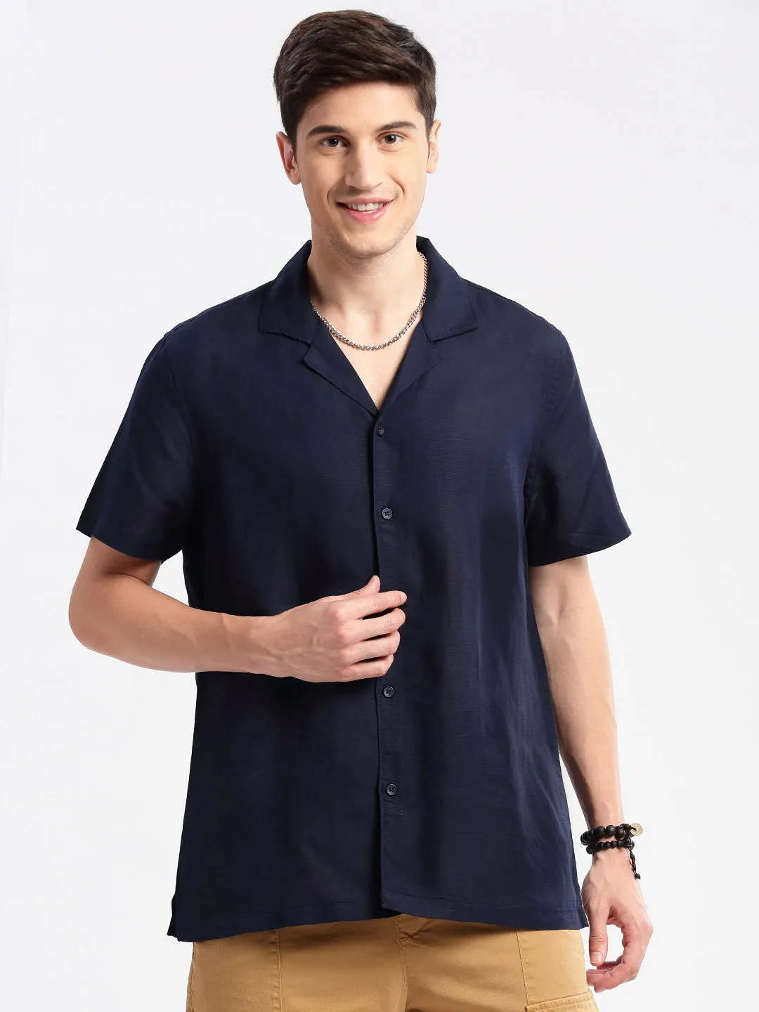 Men Cuban Collar Solid Navy Blue Casual Shirt