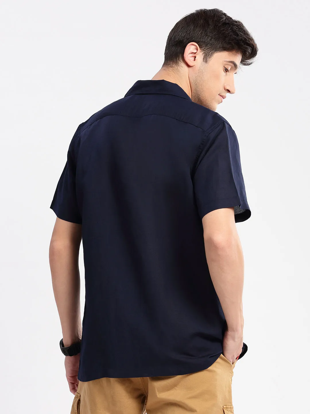 Men Cuban Collar Solid Navy Blue Casual Shirt