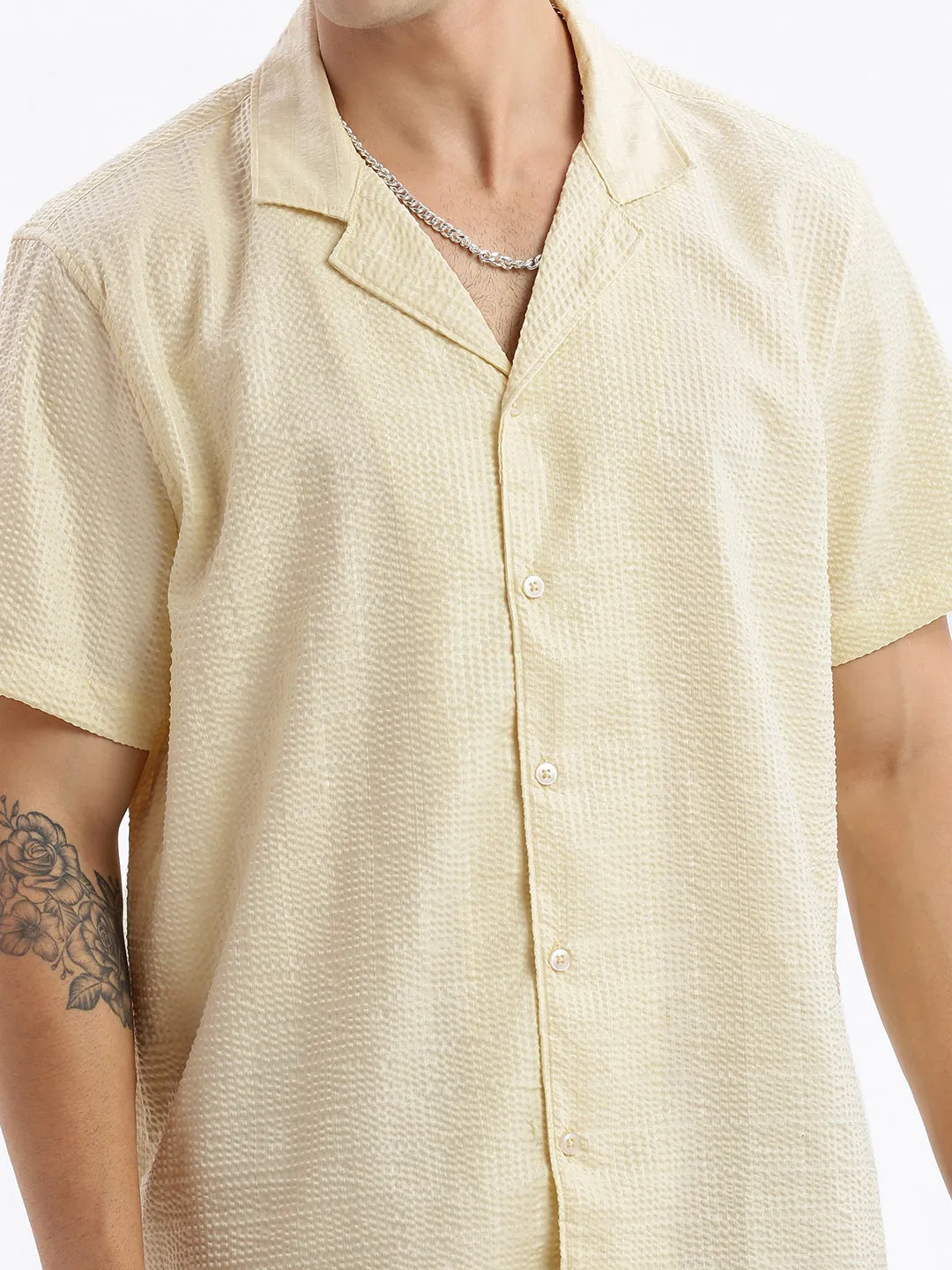 Men Cuban Collar Solid Relaxed Fit Yellow Shirt