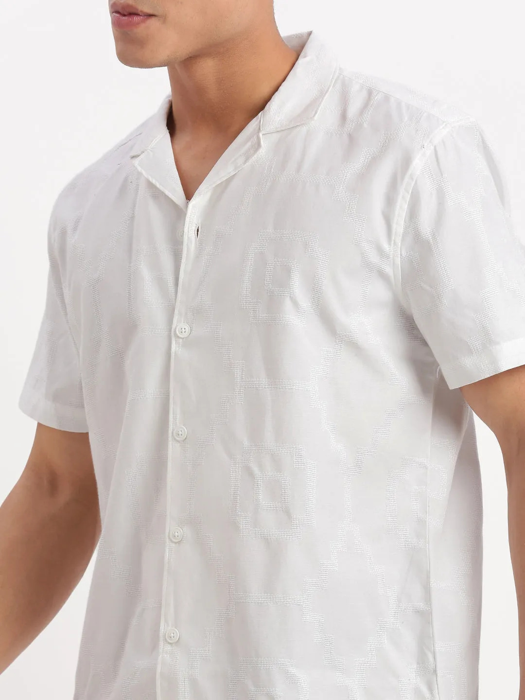 Men Cuban Collar Solid White Shirt