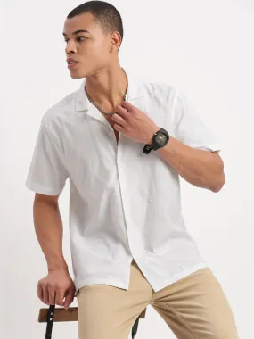 Men Cuban Collar Solid White Shirt