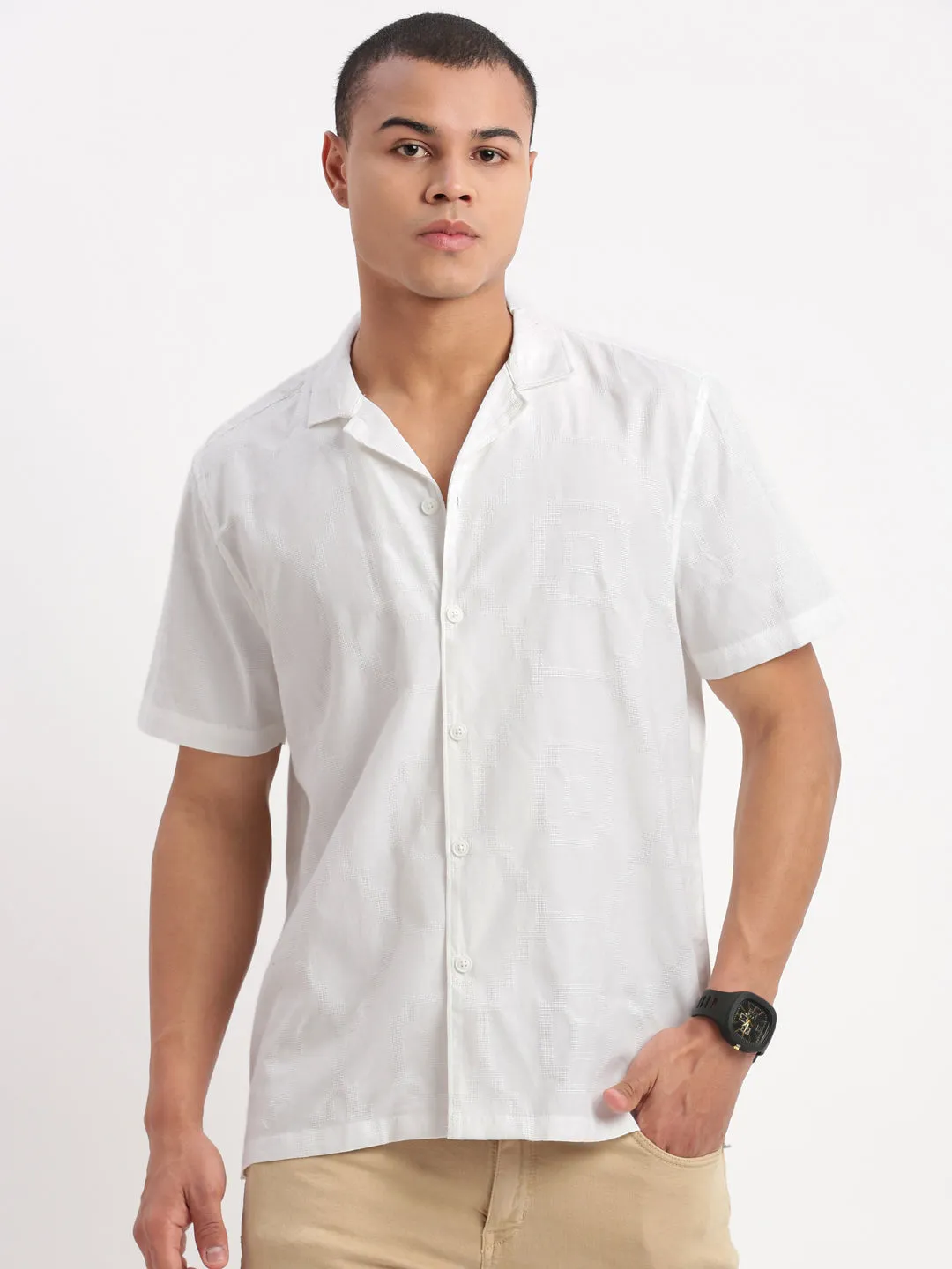 Men Cuban Collar Solid White Shirt