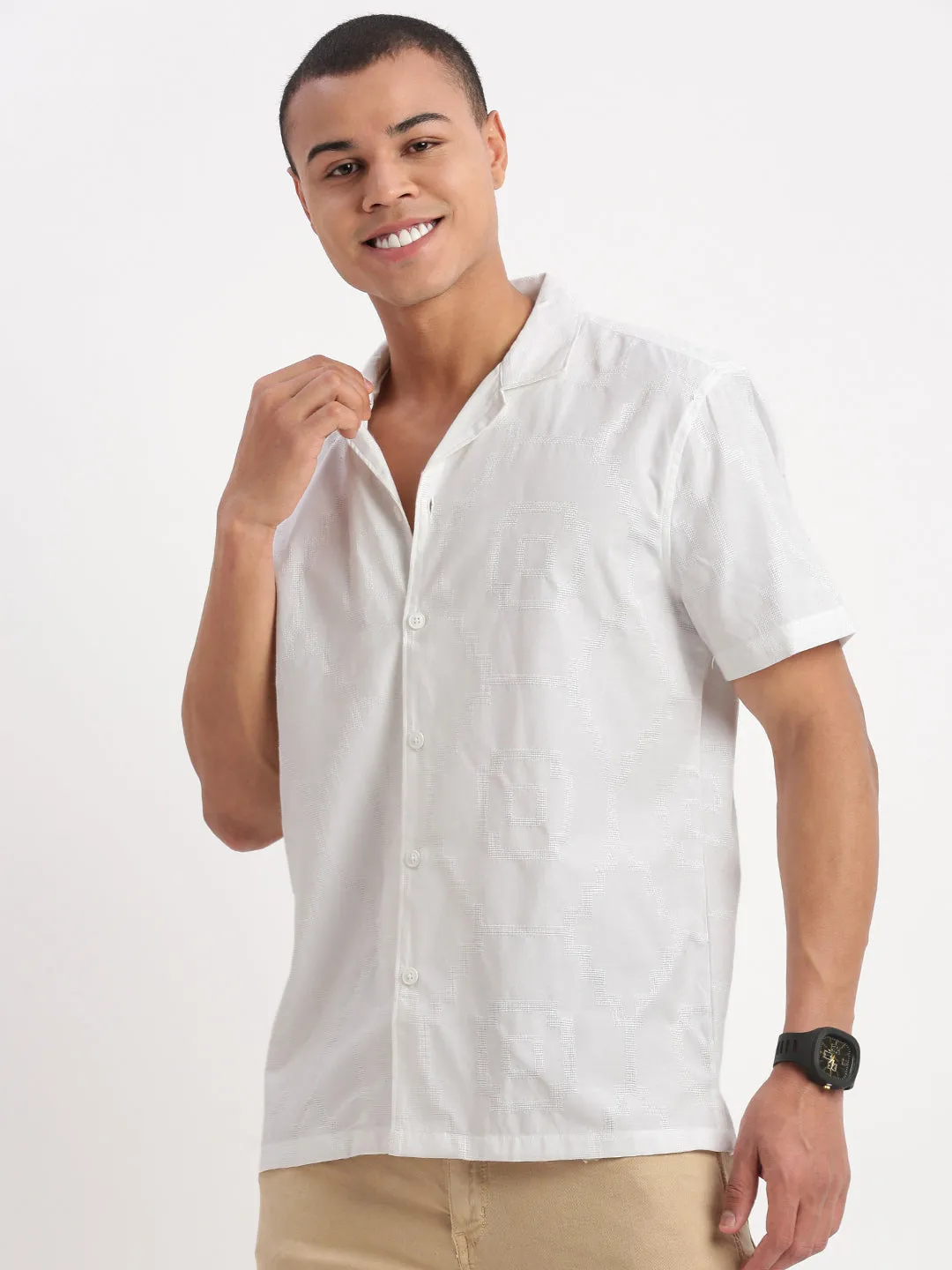 Men Cuban Collar Solid White Shirt