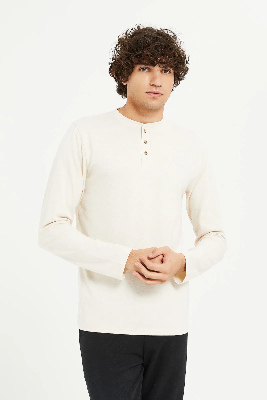 Men Ecru Long Sleeve Henley