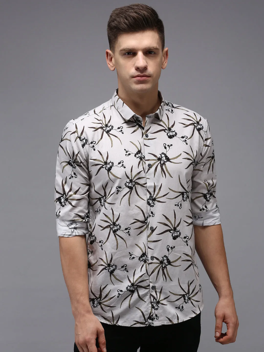 Men Grey Printed Casual Shirt