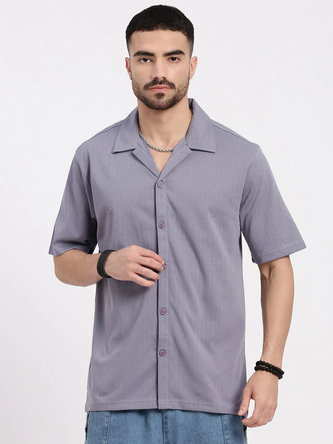 Men Lavender Cuban Collar Solid Shirt