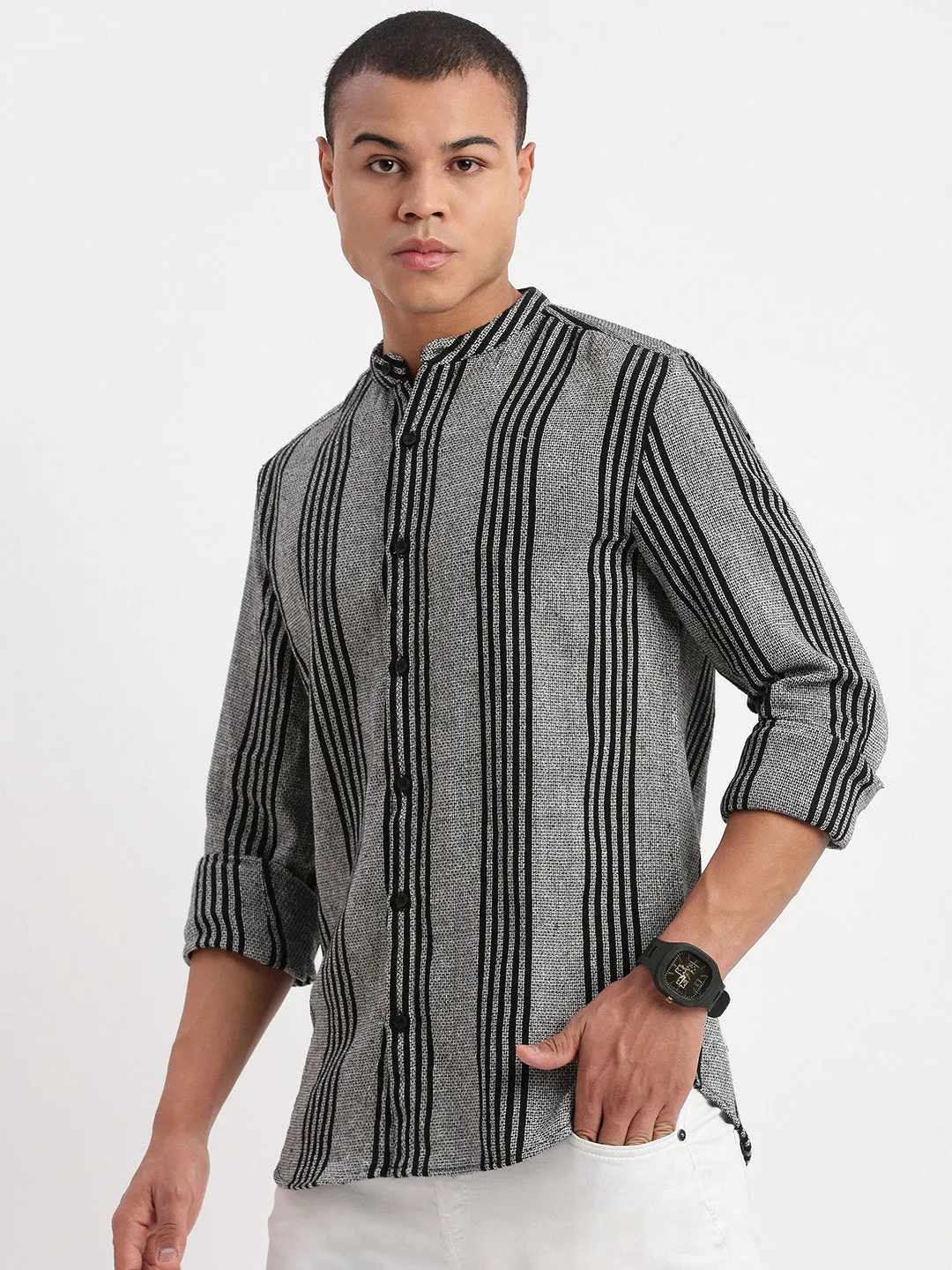 Men Mandarin Collar Vertical Stripes Grey Shirt