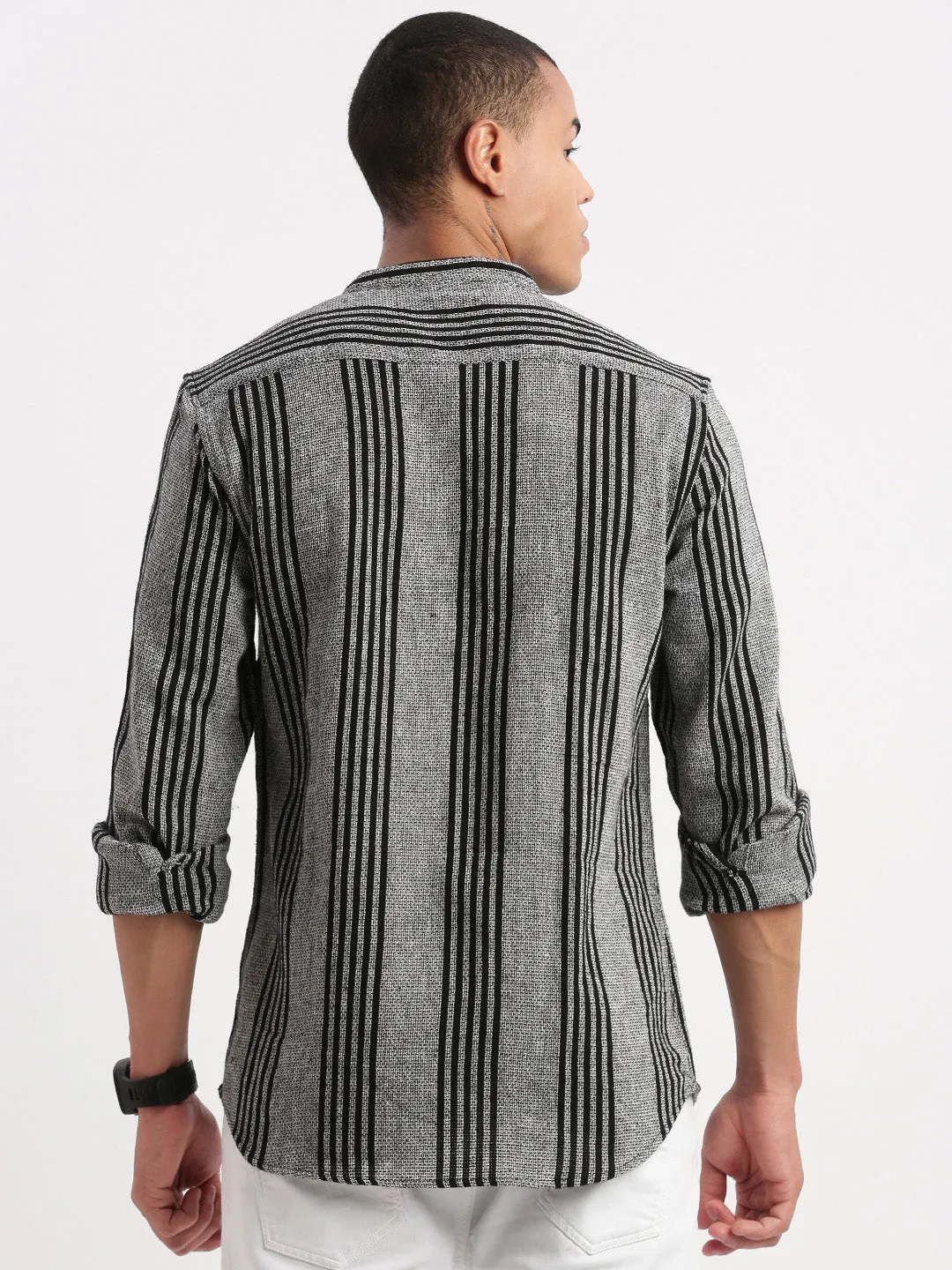 Men Mandarin Collar Vertical Stripes Grey Shirt