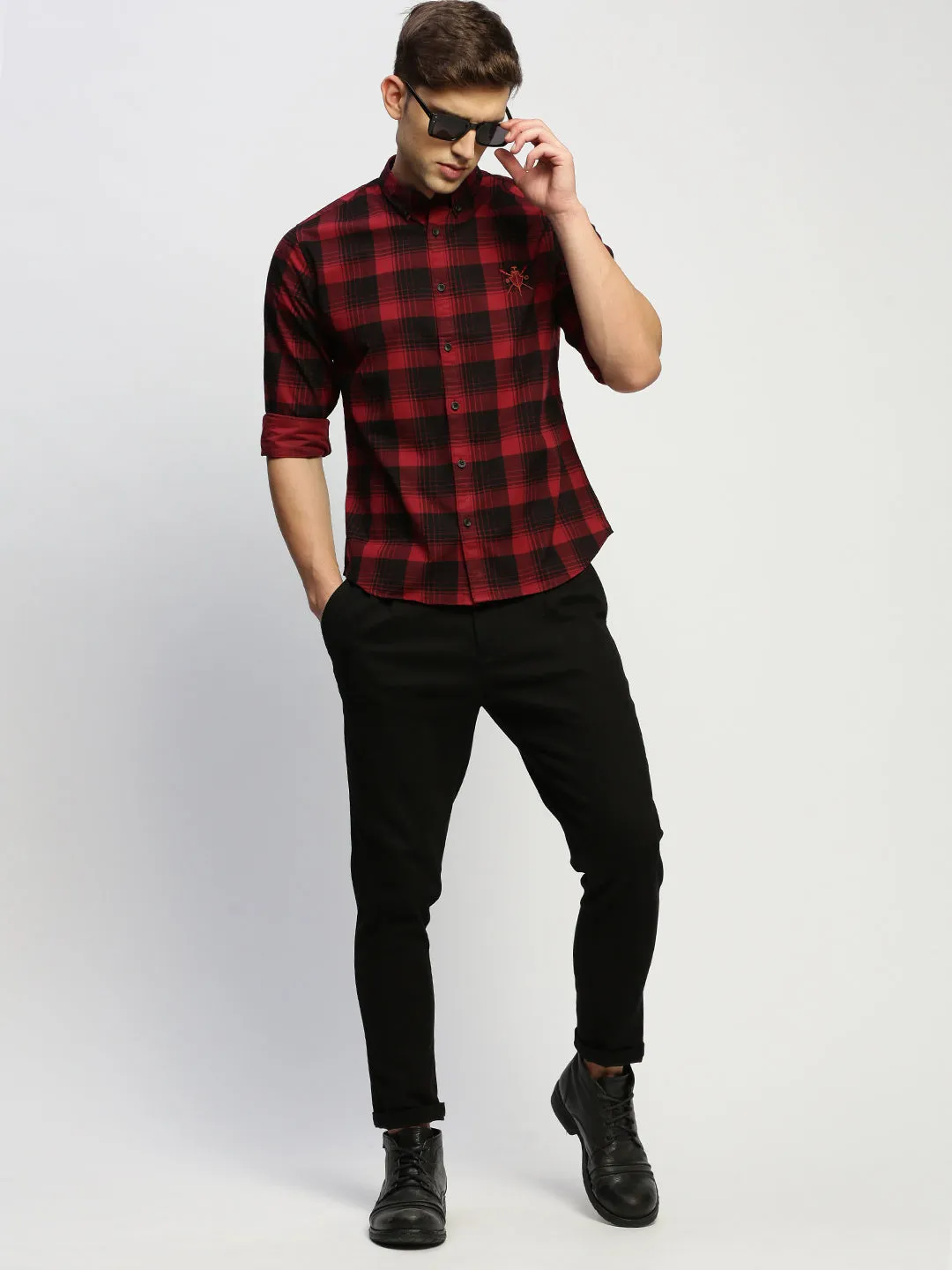 Men Maroon Checked Shirt