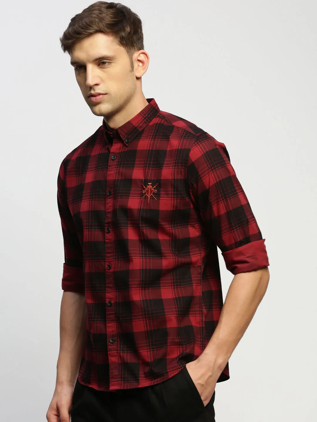 Men Maroon Checked Shirt