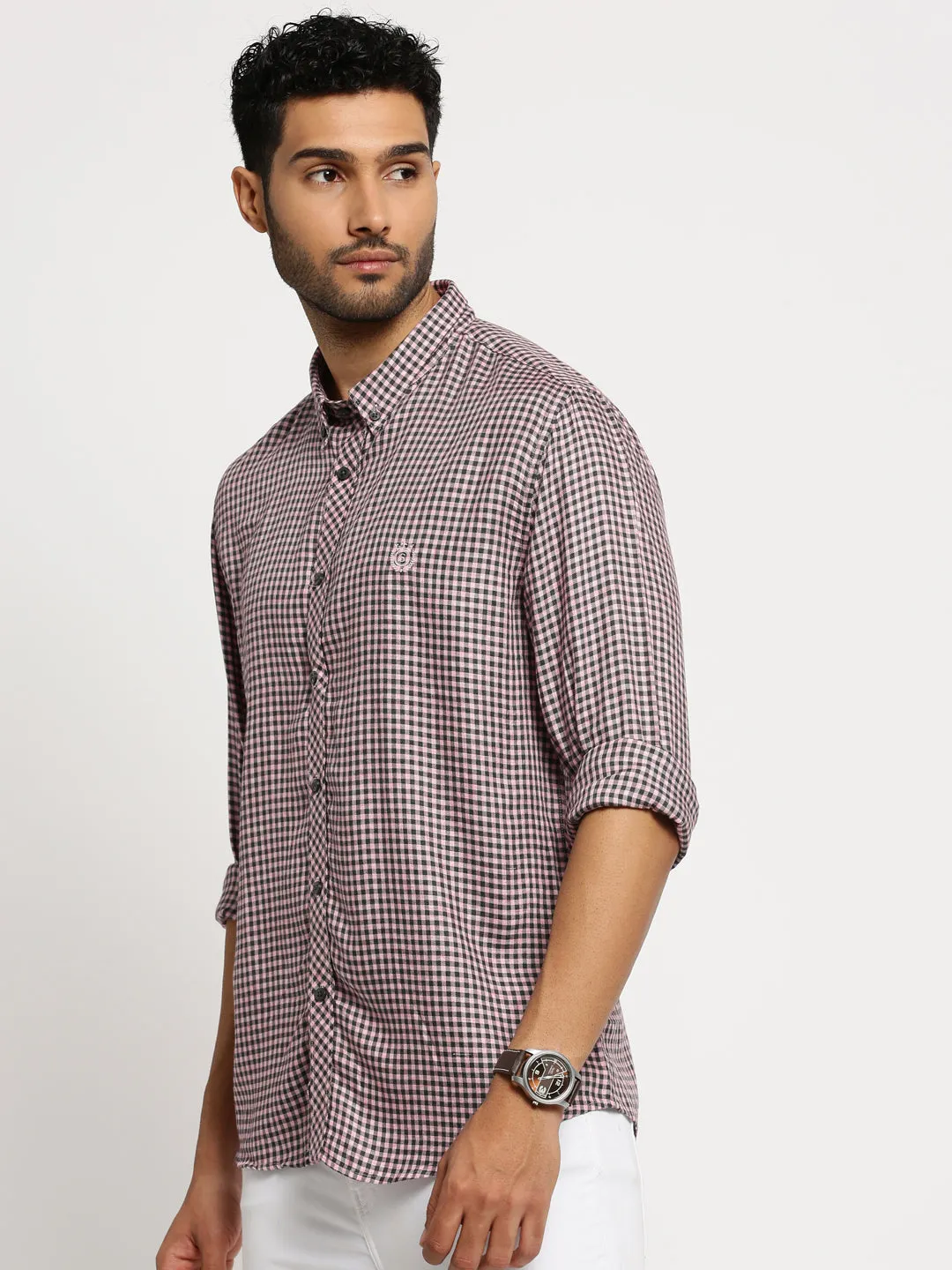 Men Pink Spread Collar Gingham Checks Shirt