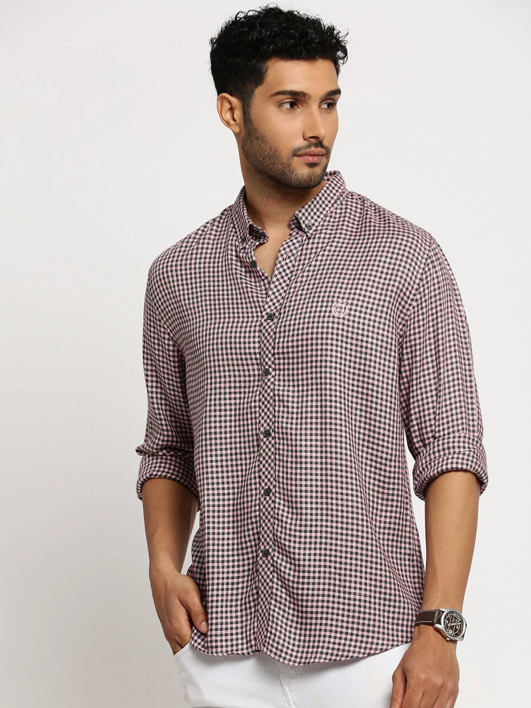 Men Pink Spread Collar Gingham Checks Shirt