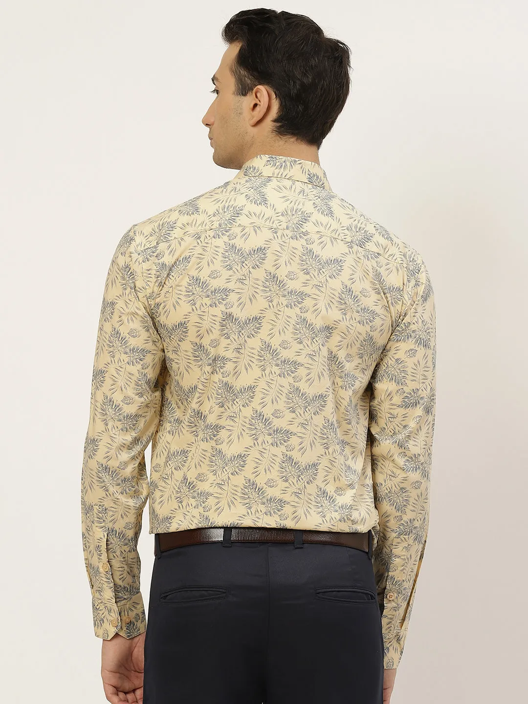 Mens Cotton Beige & Mid Grey Printed Formal Shirt - Sojanya