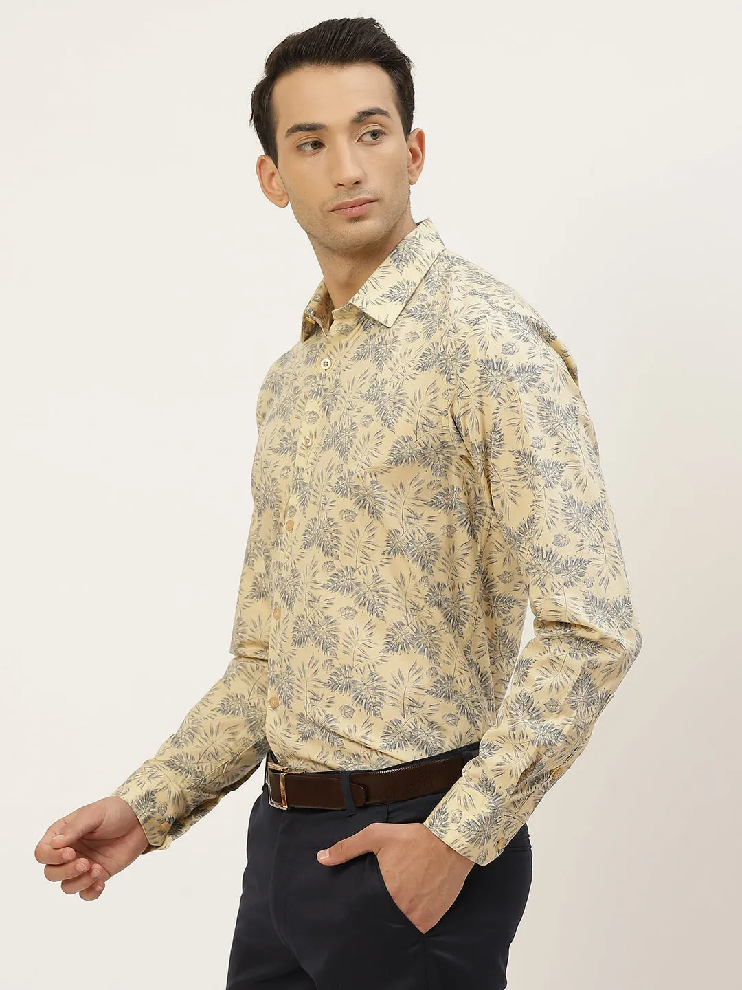 Mens Cotton Beige & Mid Grey Printed Formal Shirt - Sojanya