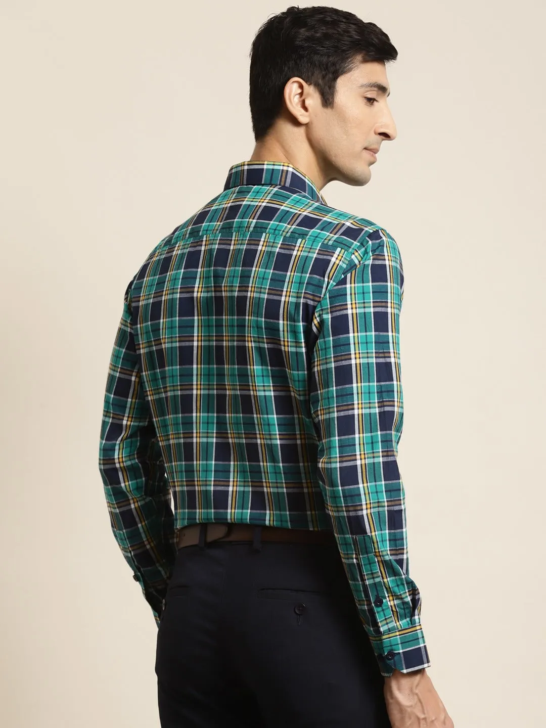 Men's Cotton Dark Green & Navy Check Formal Shirt - Sojanya