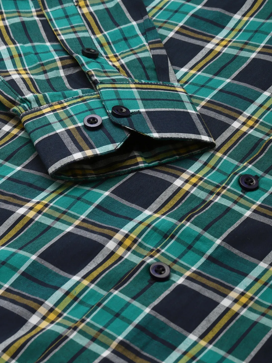 Men's Cotton Dark Green & Navy Check Formal Shirt - Sojanya